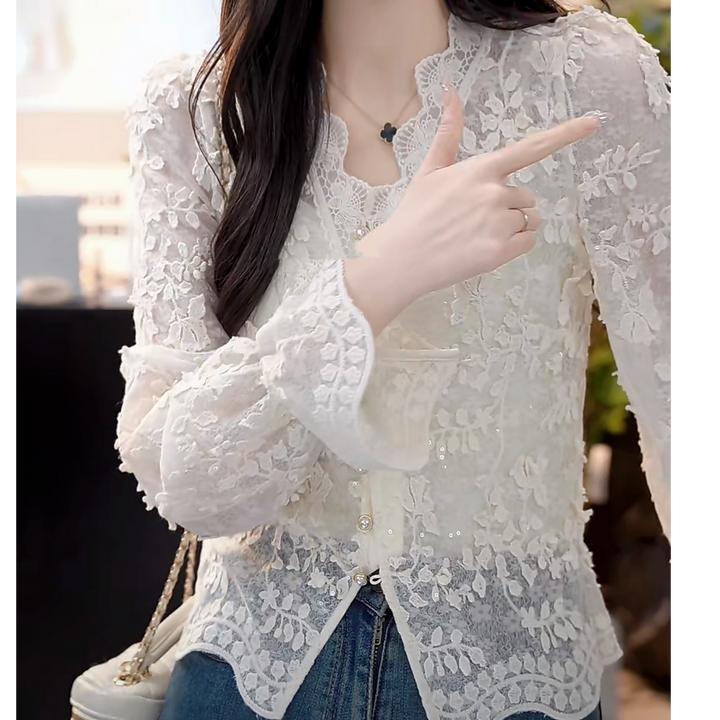 法式钩花蕾丝刺绣V领衬衫2025新款春设计感轻奢时尚气质雪纺衬衫