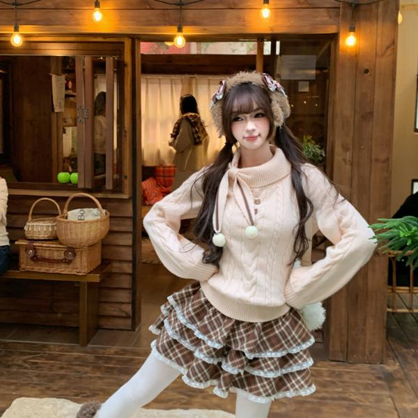 奶油绵绵 织物猪原创 甜美风浅粉色毛衣女冬季宽松慵懒感针织衫