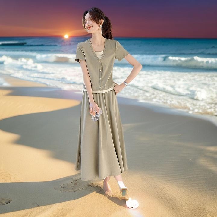 短袖半身裙套装撞色假两件休闲短袖胖mm显瘦款2025夏季新款设计感