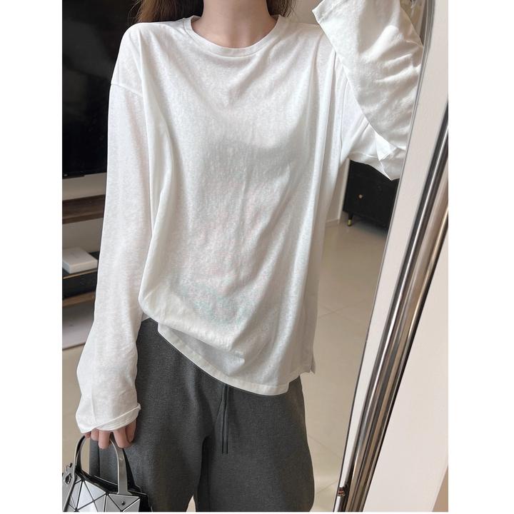 棉麻圆领长袖T恤女2025早春新韩版白色休闲宽松显瘦百搭打底上衣