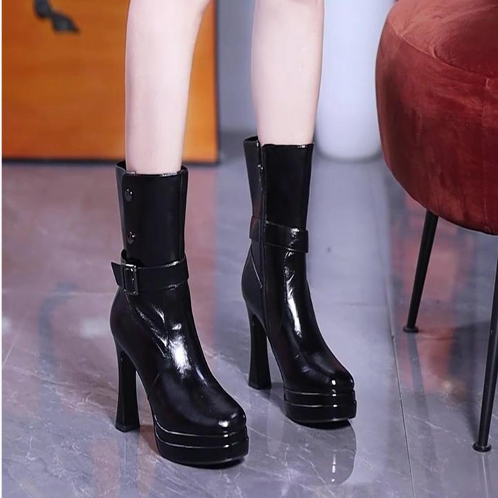 11cm超高跟防水台亮皮骑士短靴女2025秋冬百搭米色方头粗跟马丁靴