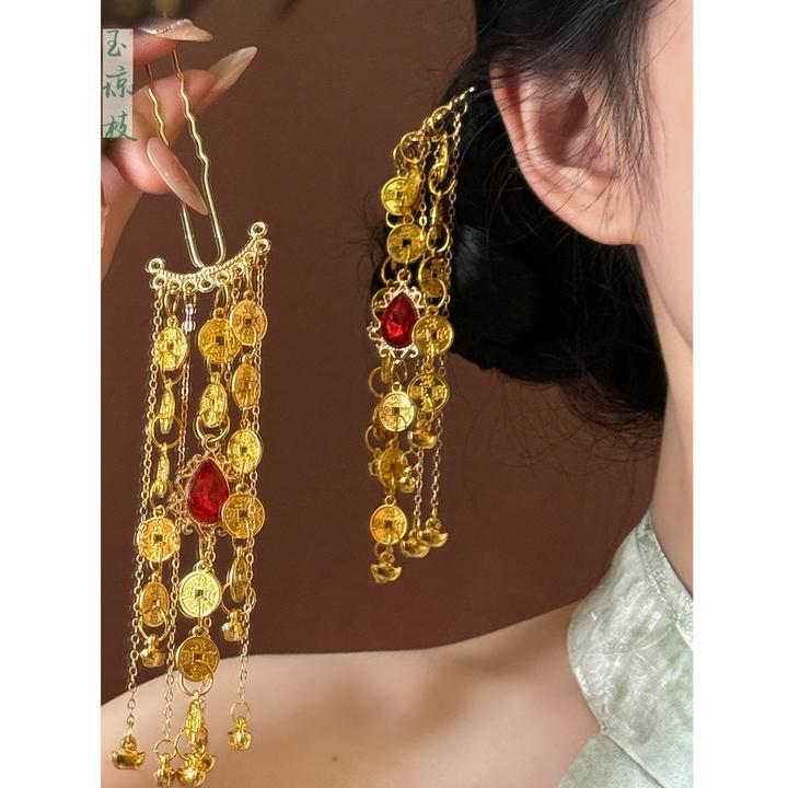 【小财神】新中式国风金色铜钱流苏发钗女古风喜庆汉服旗袍配饰品