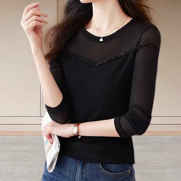 2025秋冬新款钉珠网纱上衣时尚百搭圆领t恤衫女长袖弹力修身小衫
