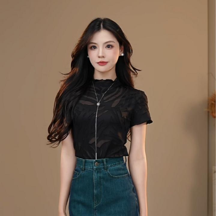 AMASS/阿玛施新款百搭休闲通勤减龄葱纱烟管领短袖T恤女5300603