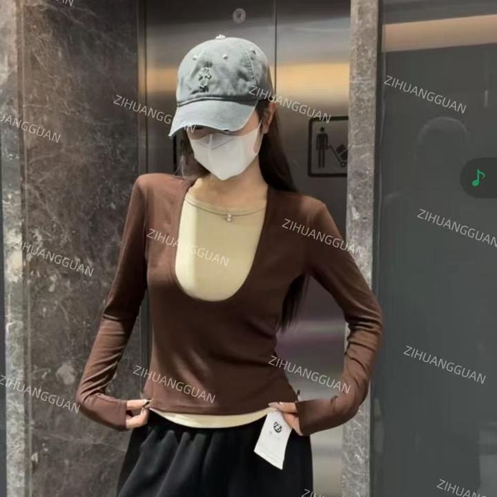 紫皇冠T恤拼接休闲风长袖V领气质明线圆领打底衫常规款时尚9355