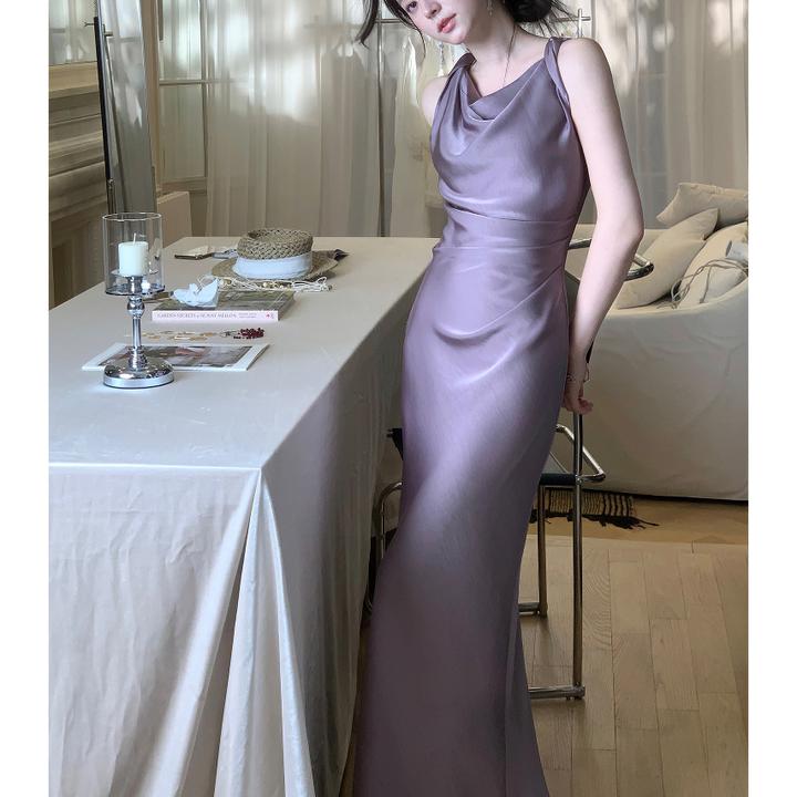 【缪斯】气质感高级缎面连衣裙扭结吊带收腰显瘦鱼尾裙