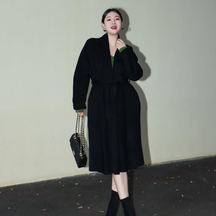 多肉宝贝100%绵羊毛双面呢大衣百搭女长款外套翻驳领2509ALR2401