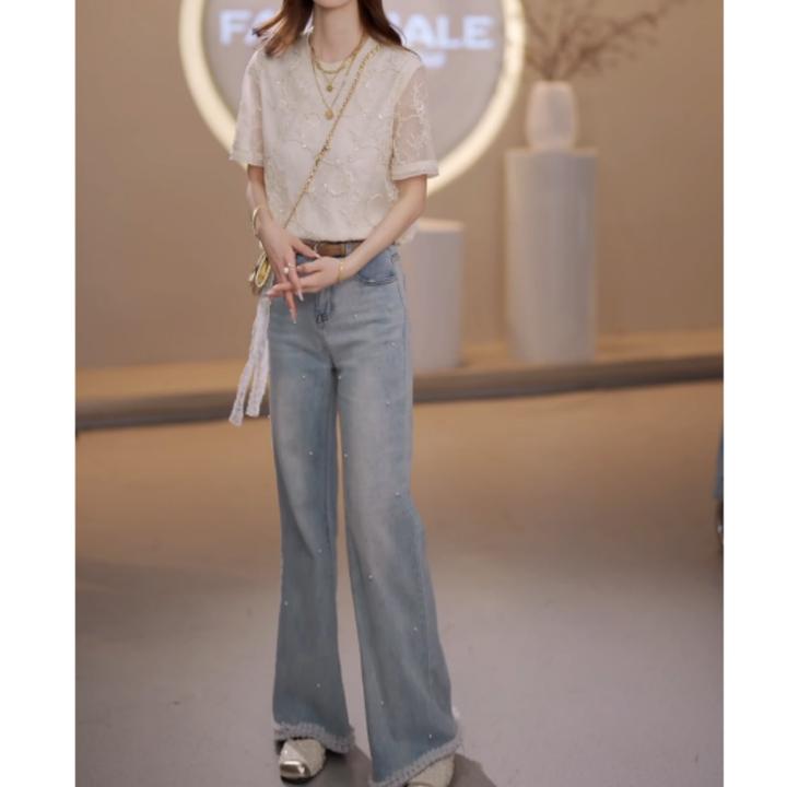 2025夏季法式重工双层蕾丝刺绣气质衬衫短袖+蕾丝牛仔裤LK2502927