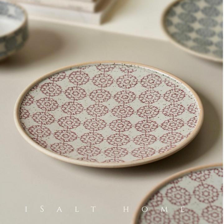 手作绣球花餐盘.粗陶青花铁锈红早餐盘陶瓷菜盘复古盘子/出丹麦