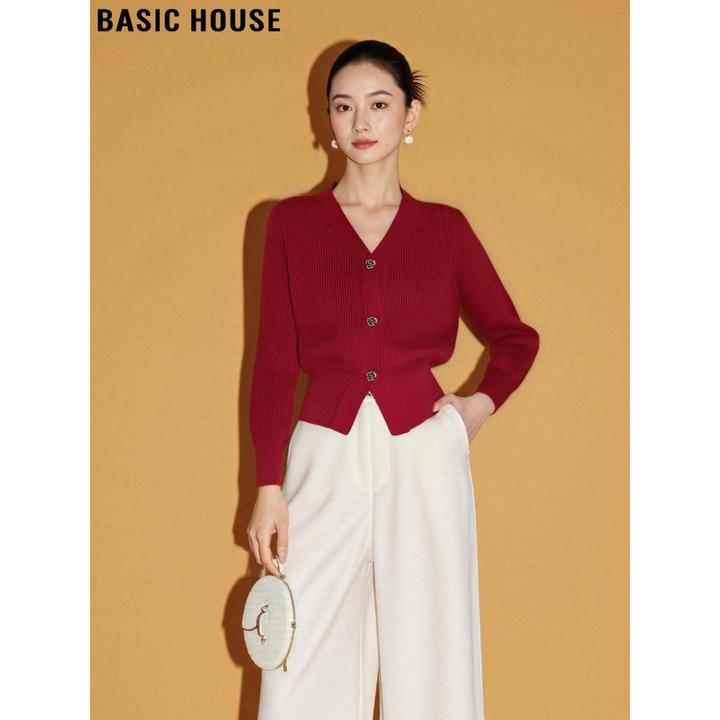Basic House/百家好温柔风气质红色V领针织开衫女2025秋软糯毛衣