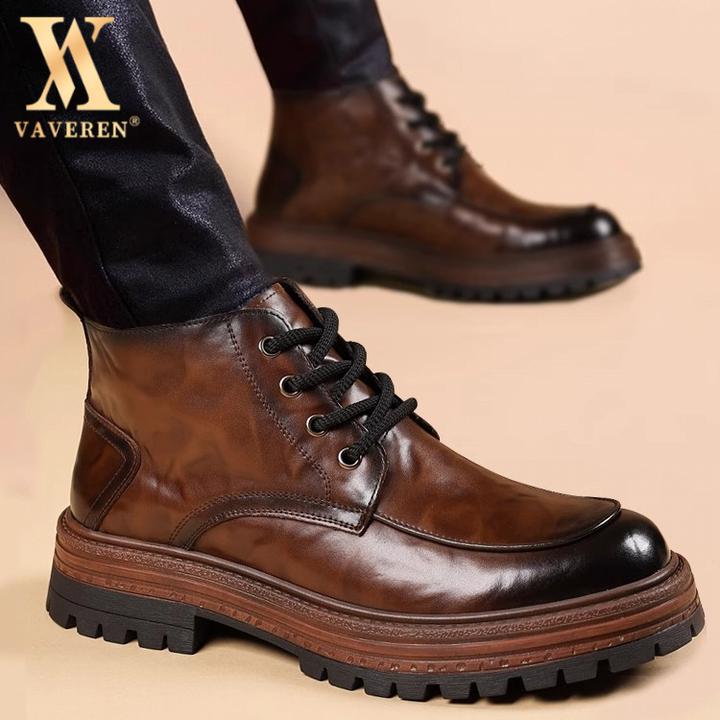 2025新款秋冬季高帮工装靴真皮厚底英伦风厚底中帮男士真皮马丁靴