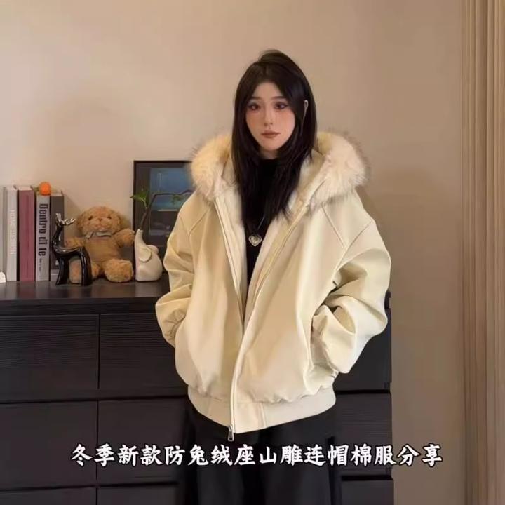 荔枝皮座山雕pu皮仿兔毛绒大毛领棉服2025冬加绒派克服外套潮男女