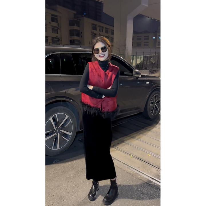 入秋一整套女装2024新款中国风撞色拼接显瘦外套开叉半身裙两件套