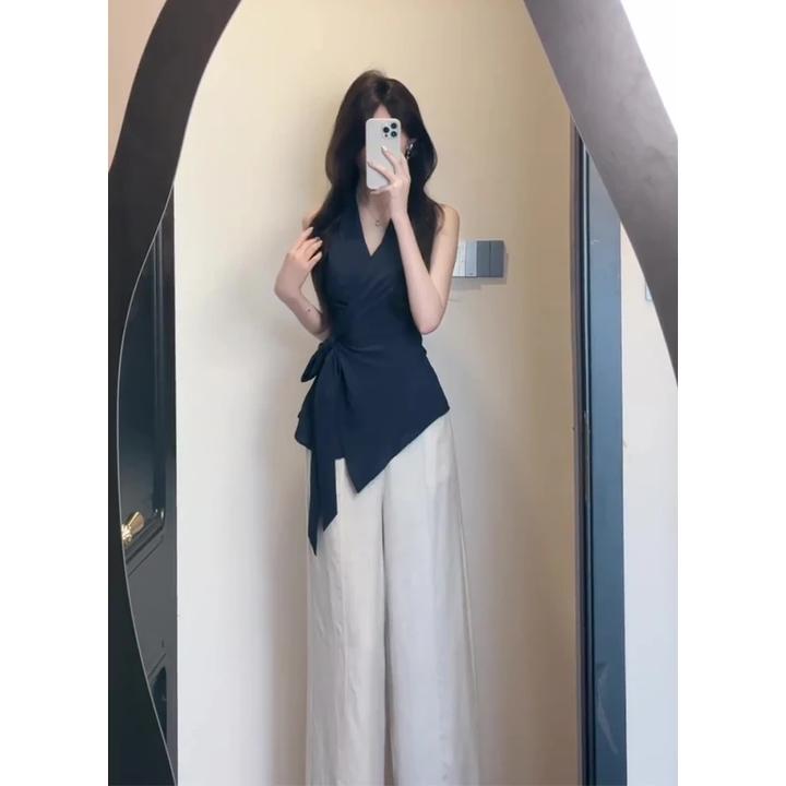 韩系穿搭V领绑带收腰无袖上衣女夏季气质高腰显瘦阔腿长裤两件套