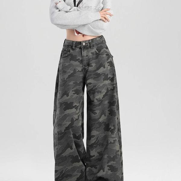 休闲风高腰阔腿裤显瘦牛仔裤新款设计感牛仔裤广场舞直筒迷彩裤