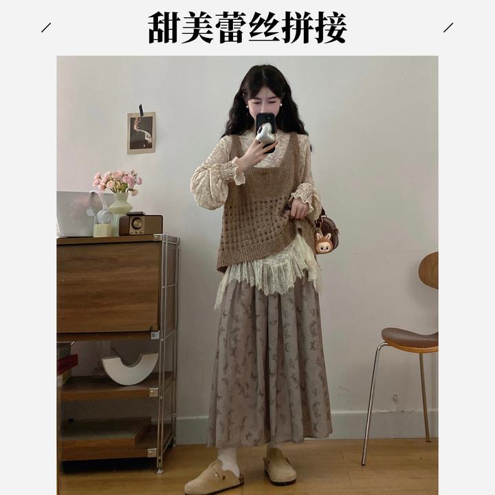 秋冬复古文艺穿搭长袖晕染蕾丝打底衫百搭新款时尚洋气百搭女装