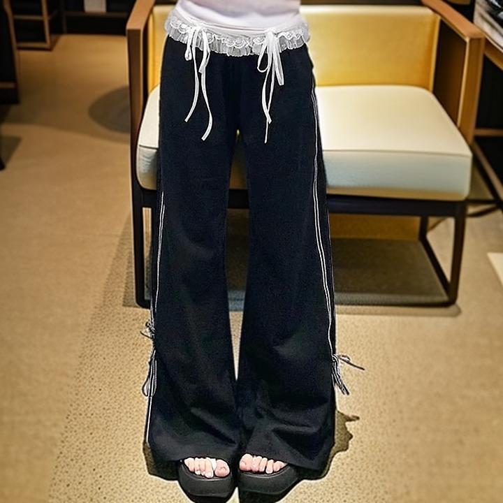小众假两件蕾丝花边运动休闲裤女春季松弛感长裤辣妹显瘦直筒卫裤