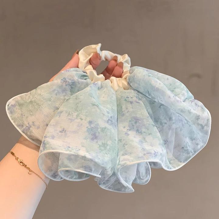 新款时尚雪纺晕染碎花裙摆发圈女温柔低马尾扎发绳皮筋森系荷叶边