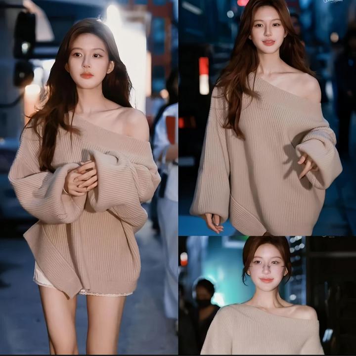 赵露思许妍同款宽松慵懒风一字领网红斜肩毛衣套头针织衫上衣潮