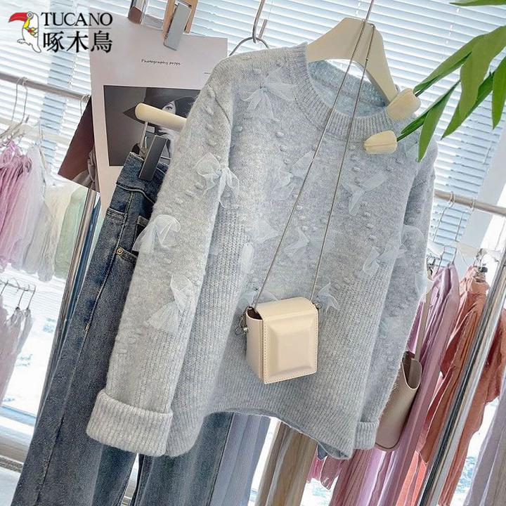 TUCANO/啄木鳥秋冬款慵懒风甜美针织衫韩版网纱蝴蝶结宽松毛衣女