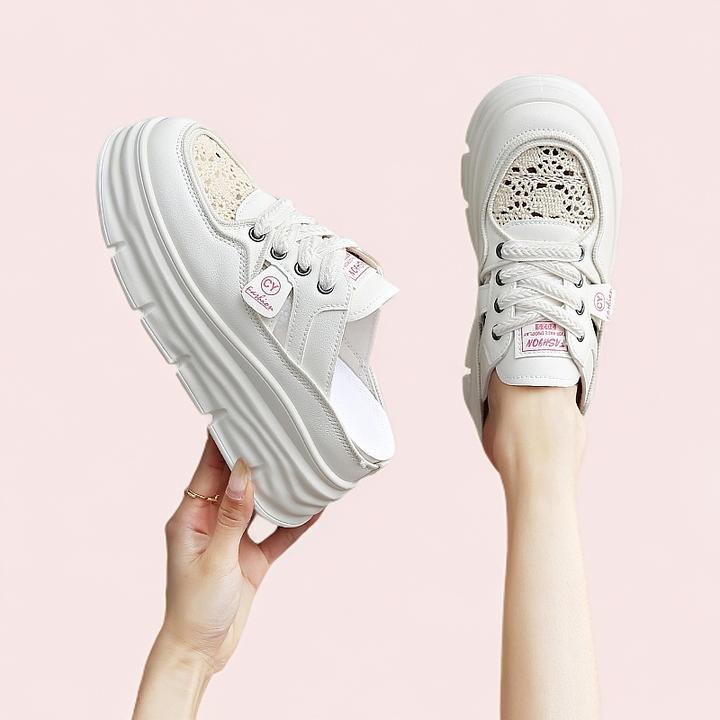 夏季网面时尚休闲女鞋镂空增高透气厚底包头半拖鞋轻便板鞋一脚蹬