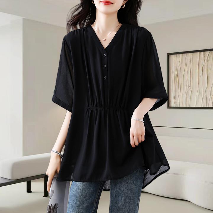 黑色V领短袖衬衫女2025夏季新款洋气减龄收腰显瘦遮肚子气质上衣