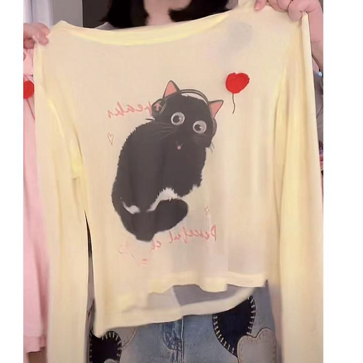 设计感猫咪爱心印花短款T恤2025春夏新款时尚薄款打底防晒上衣
