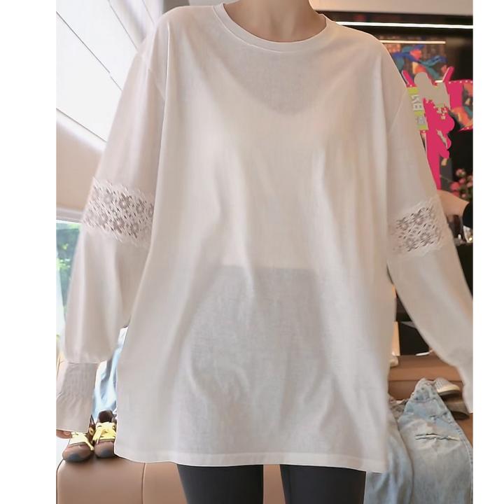 设计感拼接蕾丝上衣2025新款春季时尚中长款休闲长袖小众T恤