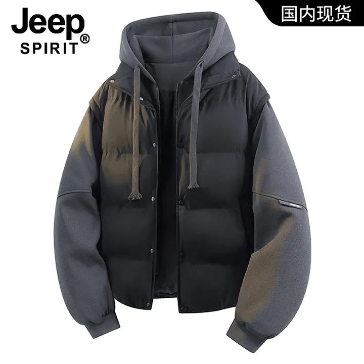 JEEPSPIRIT吉普冬季假两件休闲棉服男女款加厚保暖连帽棉衣外套男