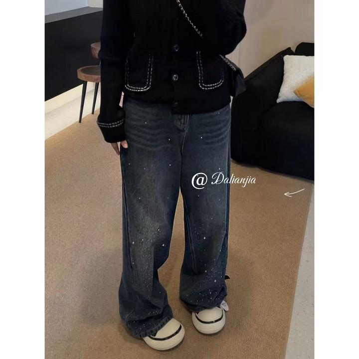 晶咕佳佳【钻钻裤】亮钻高光磨白抓纹牛仔裤阔腿高腰时尚小众