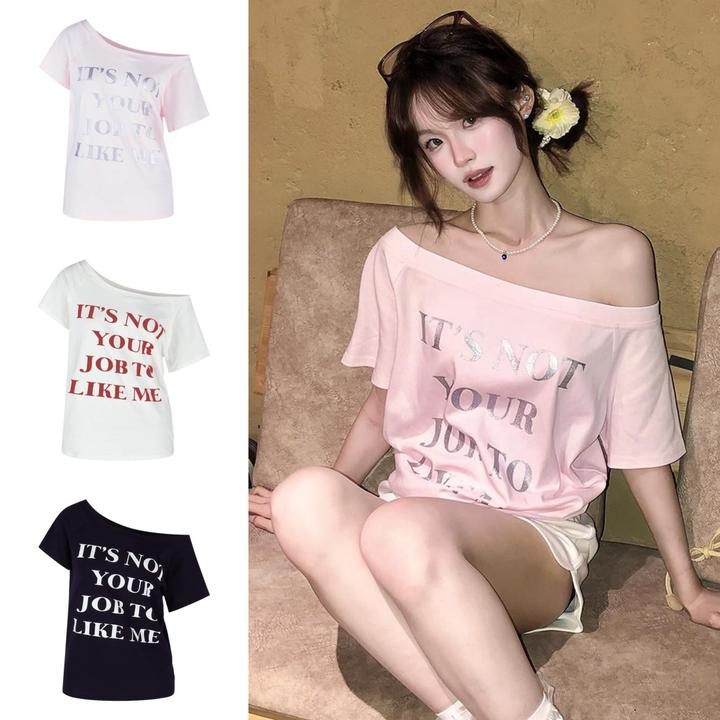 【高品质280g】甜辣妹粉色字母斜肩短袖t恤女夏设计感显瘦露肩上衣