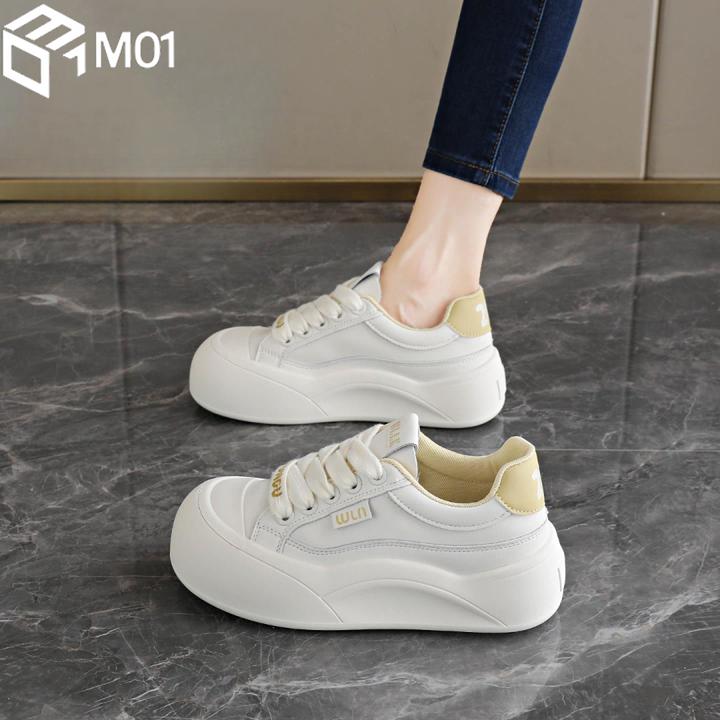 M01踩屎感皮面小白鞋女2025秋季新款厚底休闲面包鞋百搭运动鞋子