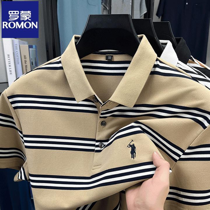 Romon/罗蒙短袖条纹翻领夏季商务休闲Polo衫透气上衣宽松百搭