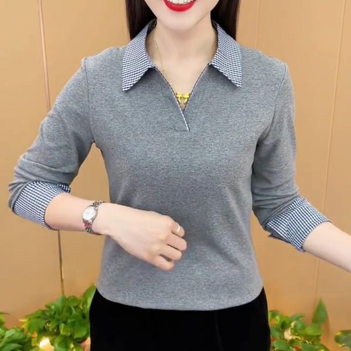 春季新款时尚洋气欧若风翻领撞色简约设计感显瘦长袖上衣M1306