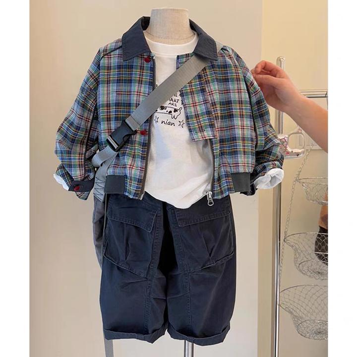 韩范童装男童外套2025新款春装儿童格子上衣宝宝时髦休闲棒球服