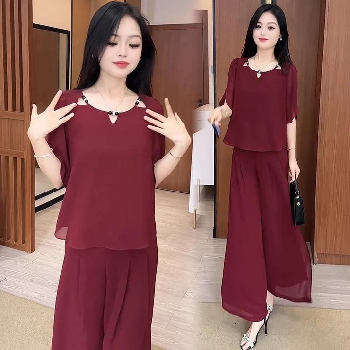 雪纺时尚套装女2025夏季新款洋气显瘦短袖高腰阔腿裤气质两件套潮