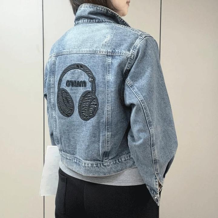 翻领牛仔女外套2025春季新款小个子时尚耳机刺绣韩版宽松百搭上衣