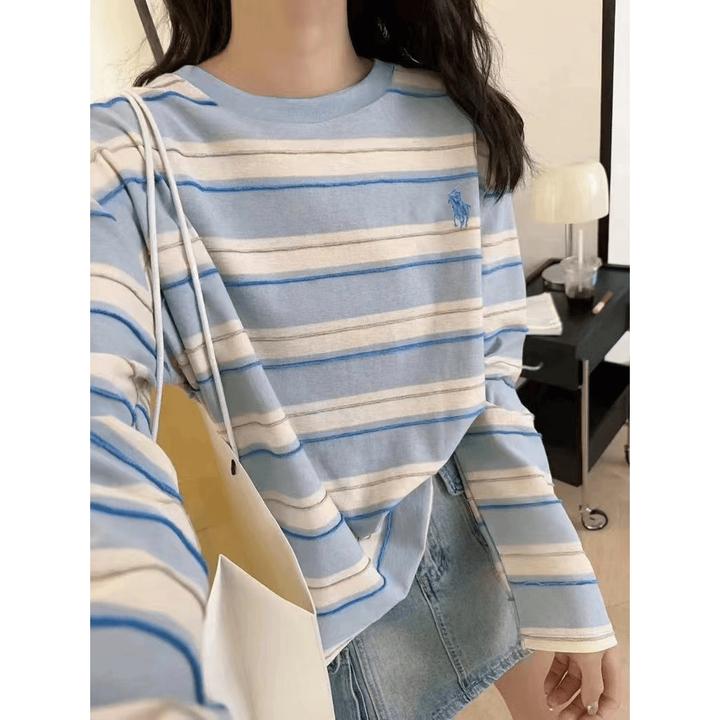 宽松拼色条纹刺绣圆领长袖恤时尚休闲款型