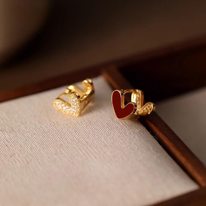 铜合金耳饰 925银针红色微镶满钻双面爱心耳扣小众气质精致百搭女