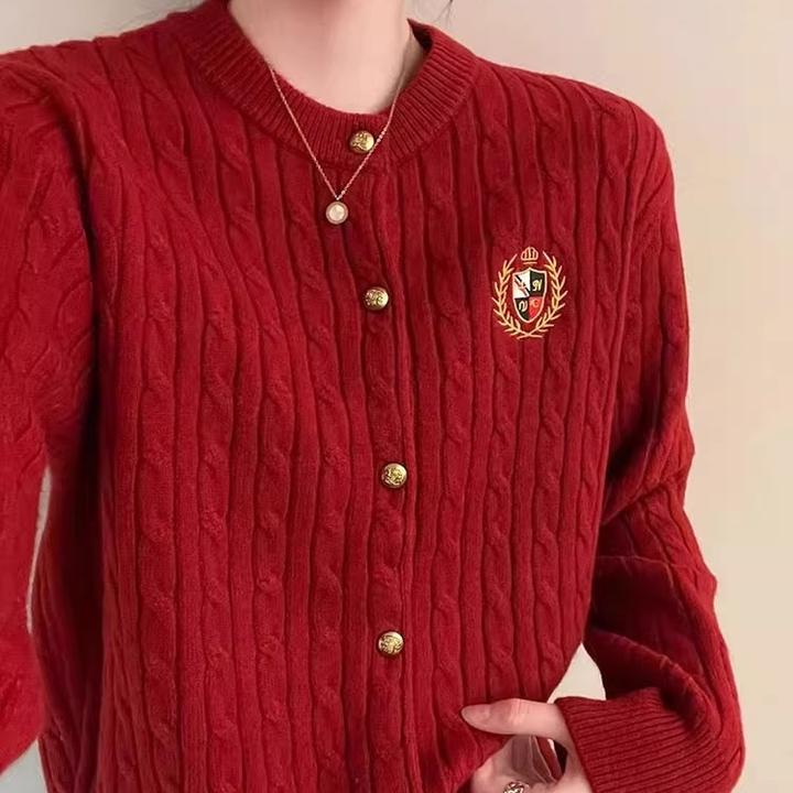 韩系慵懒风复古麻花毛衣女时髦洋气宽松百搭新年红针织开衫羊毛衫