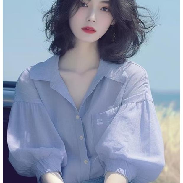 夏季韩系chic小众别致独特设计感灯笼袖衬衫温柔气质绝美V领上衣