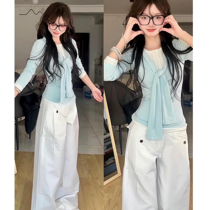 2025春季新款复古学院风假两件撞色绑带长袖T恤女上衣裤子两件套