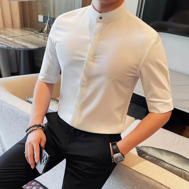 痞帅夏季新中式立领五分袖衬衫男士2025新款韩版休闲纯色中袖衬衣