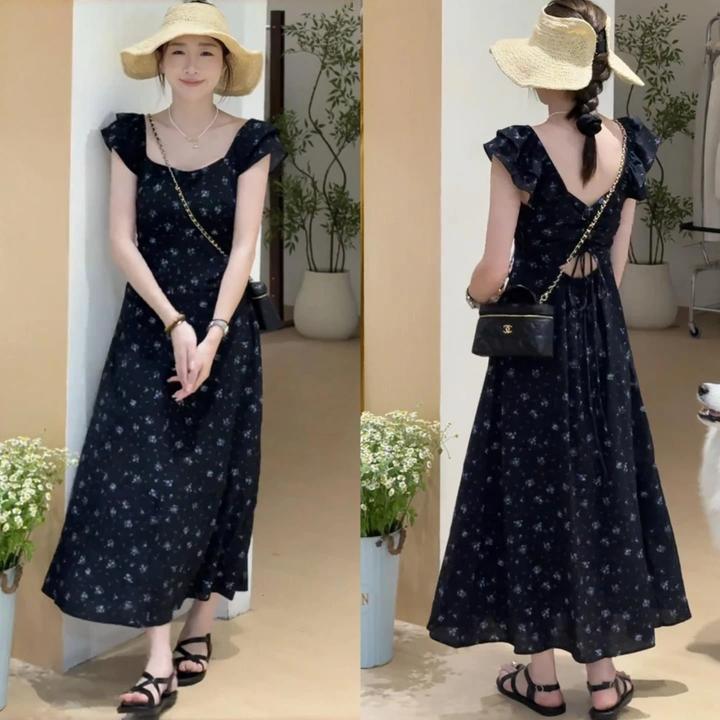 韩系碎花小飞袖方领连衣裙女2025夏季减龄露背系带收腰显瘦中长裙