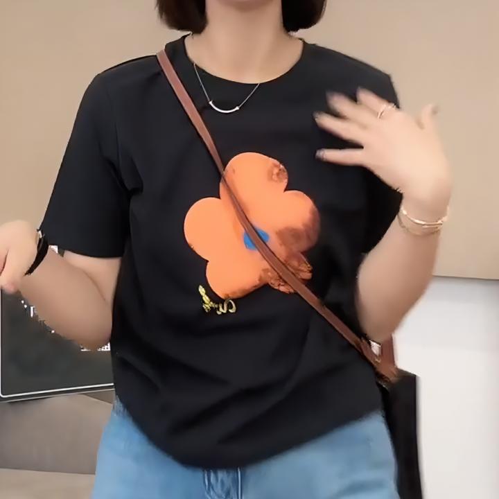 【一朵花】ins小众设计手绘花朵印花极简休闲圆领短袖T恤LK2502490