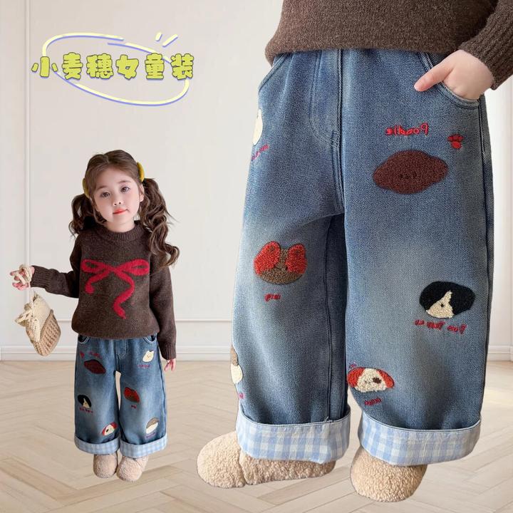小女童加绒牛仔裤洋气休闲宽松加厚保暖冬季阔腿韩版卡通时髦新款