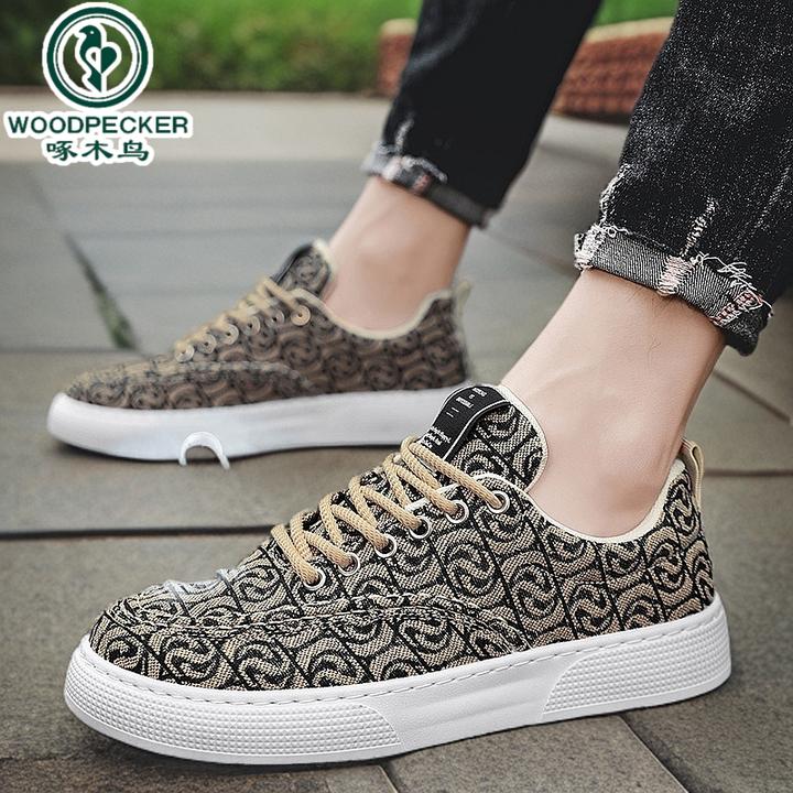 【正品】啄木鸟帆布鞋男低帮夏季2024新款小众低帮印花板鞋男士厚底