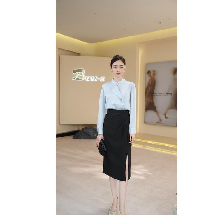 钟老板2025春季新款蓝色设计感衬衫简约长袖上衣女黑色显瘦半身裙