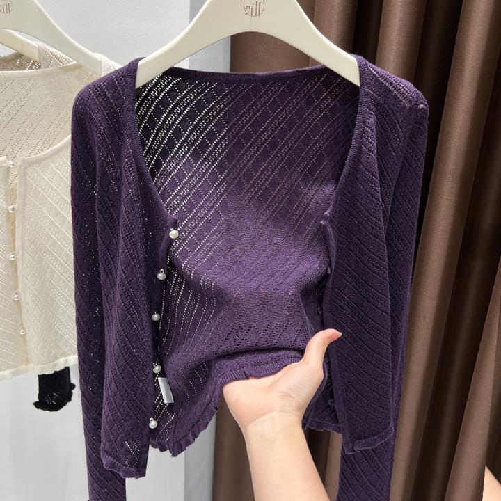 紫色薄款长袖圆领外套女2025秋冬新款设计感珍珠扣爆款针织小披肩