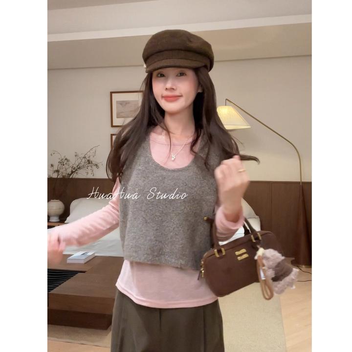 【花花】洛可可~韩系纯色休闲打底衫+软糯吊带针织背心两件套
